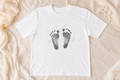 Baby footprints personalised white T-shirt studio front newborn keepsake