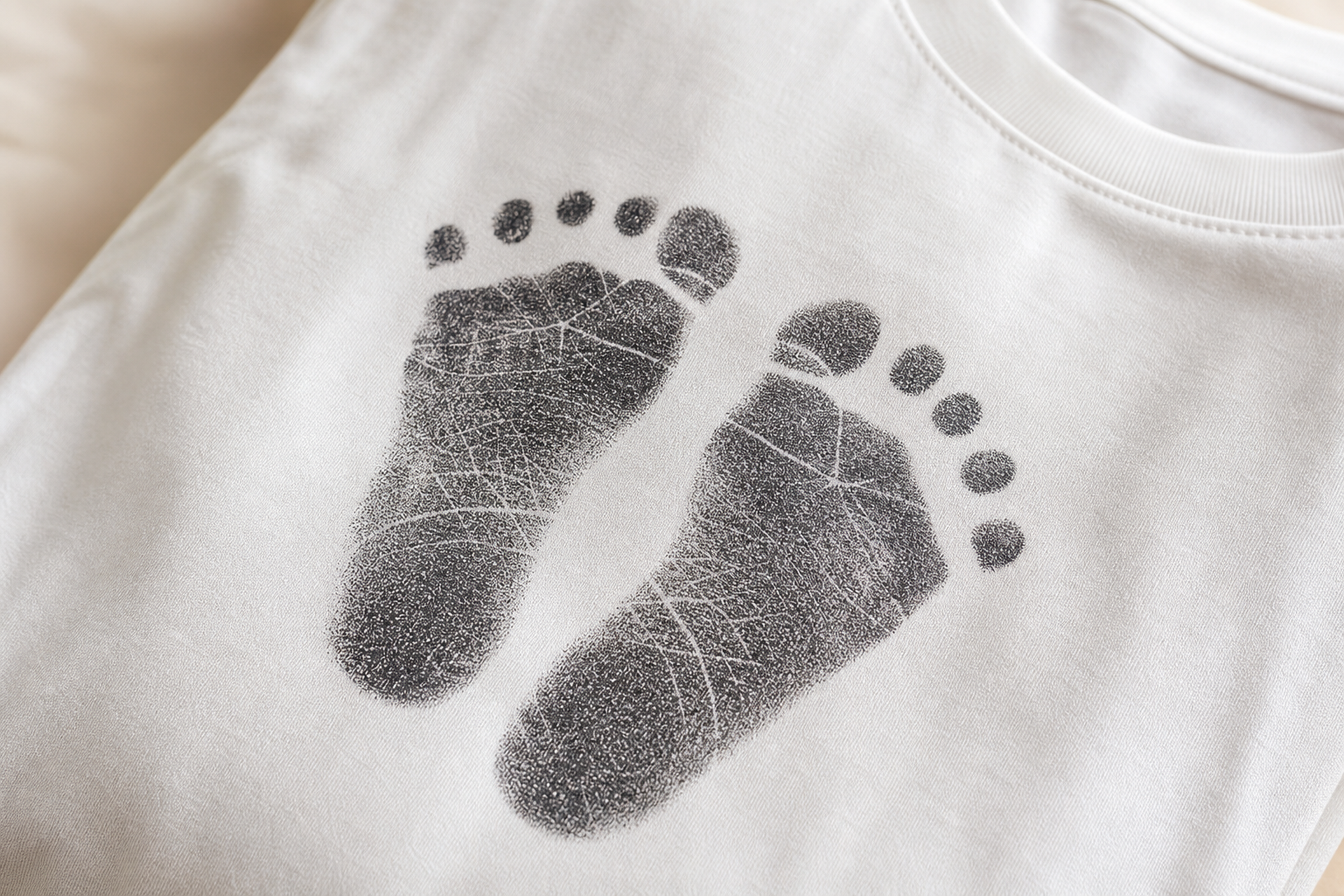 Close-up detail of baby footprint print on personalised white T-shirt
