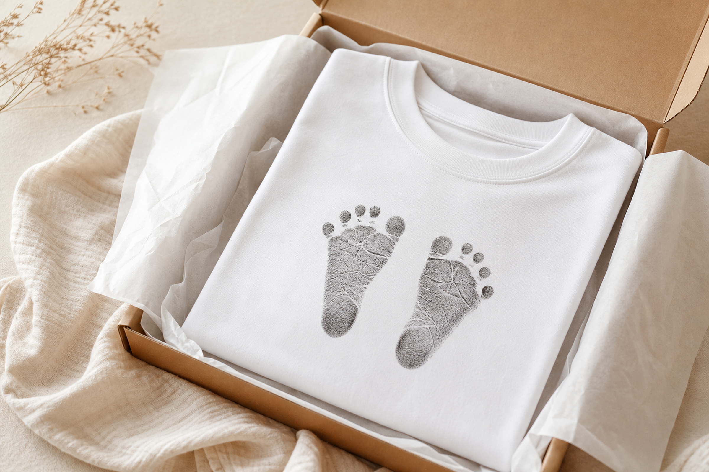 Gift-ready folded baby footprints personalised white T-shirt