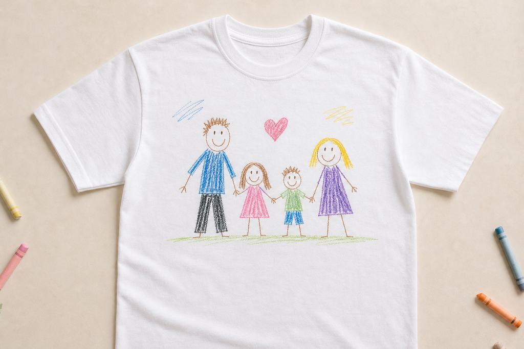 Child's first drawing personalised white T-shirt studio front little artist keepsake