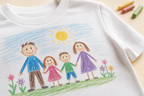 Close-up detail of child's drawing print on personalised white T-shirt