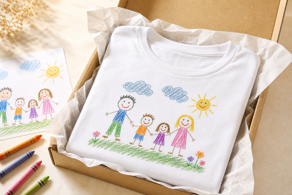 Gift-ready folded child's drawing personalised white T-shirt