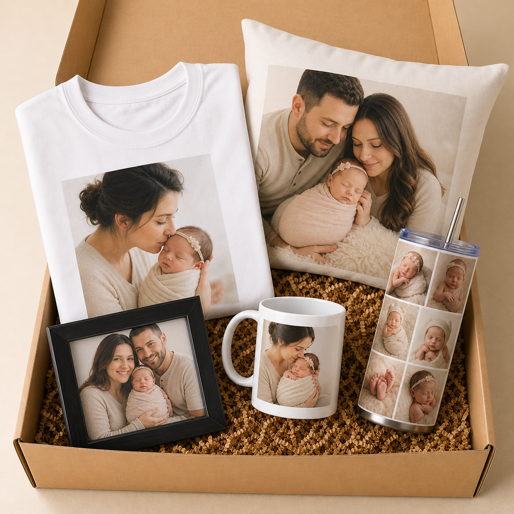 Deluxe 5-piece personalised gift box in newborn milestone theme