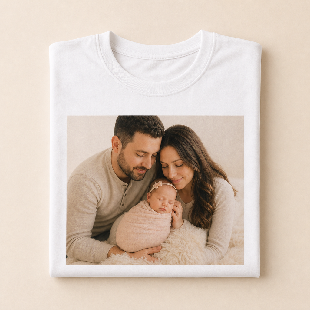 Personalised white T-shirt with newborn milestone photo print