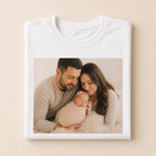Personalised white T-shirt with newborn milestone photo print