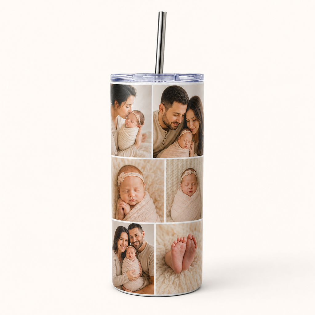 Personalised insulated tumbler with newborn milestone photo print