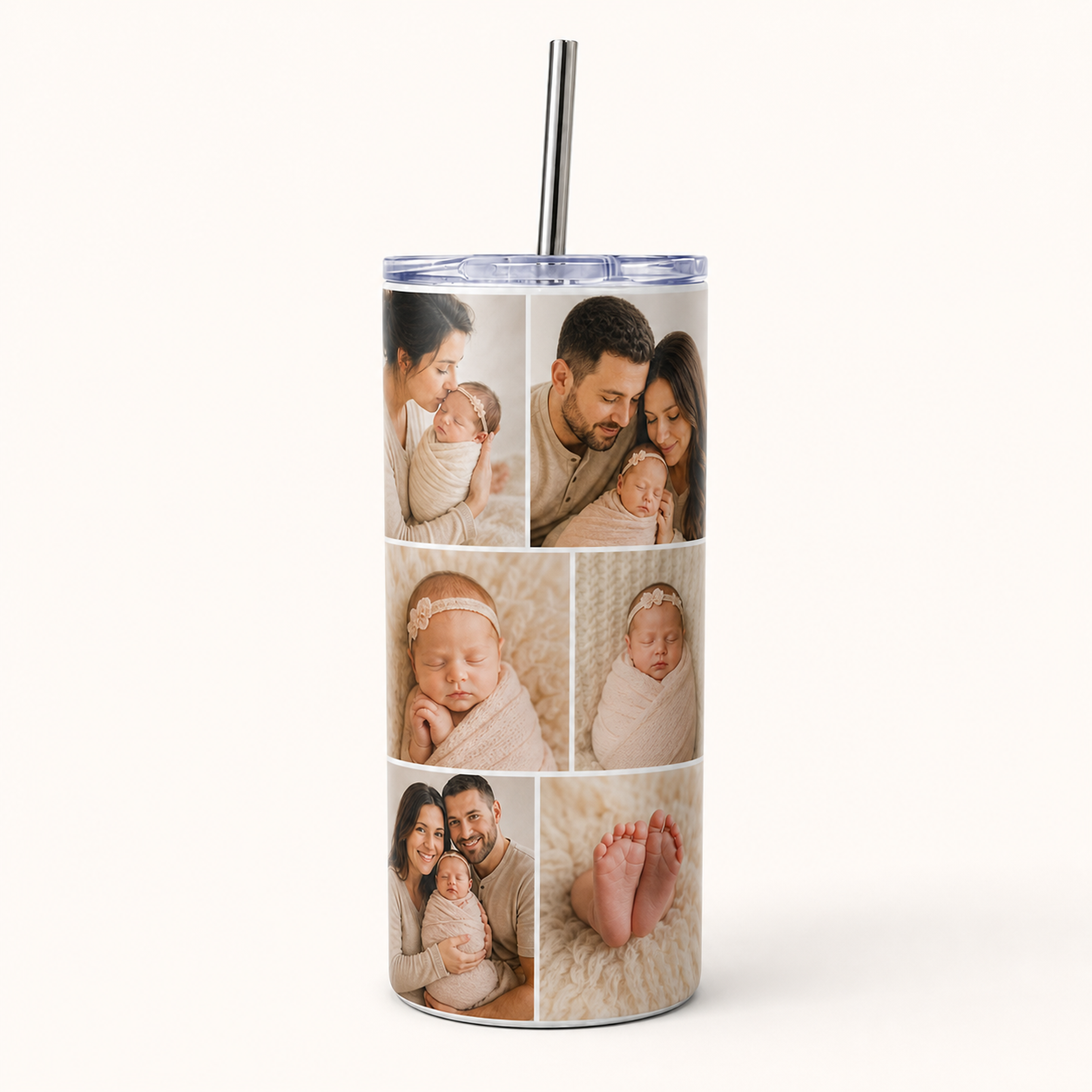 Personalised insulated tumbler with newborn milestone photo print