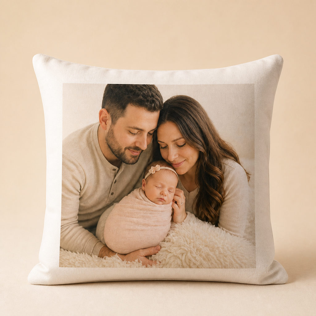 Personalised cushion cover with newborn milestone photo print
