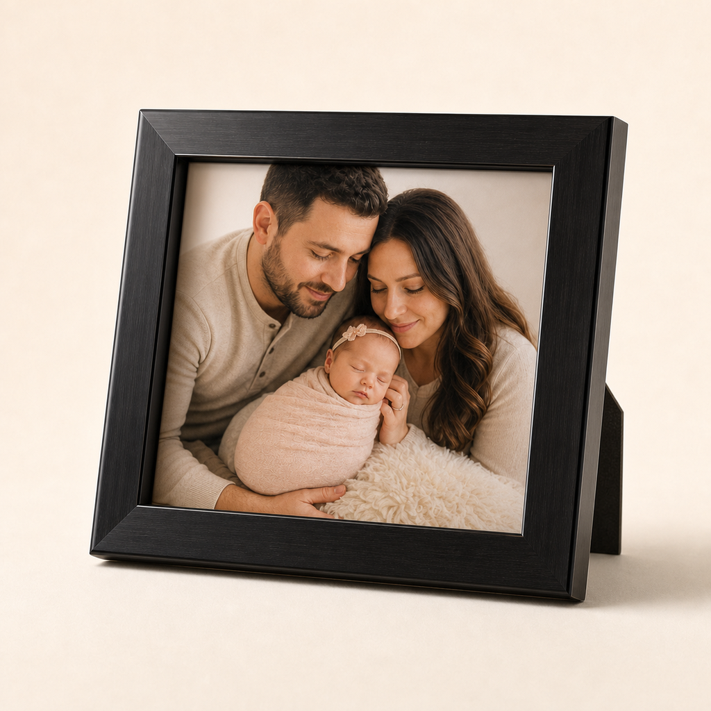 Personalised acrylic photo frame with newborn milestone photo