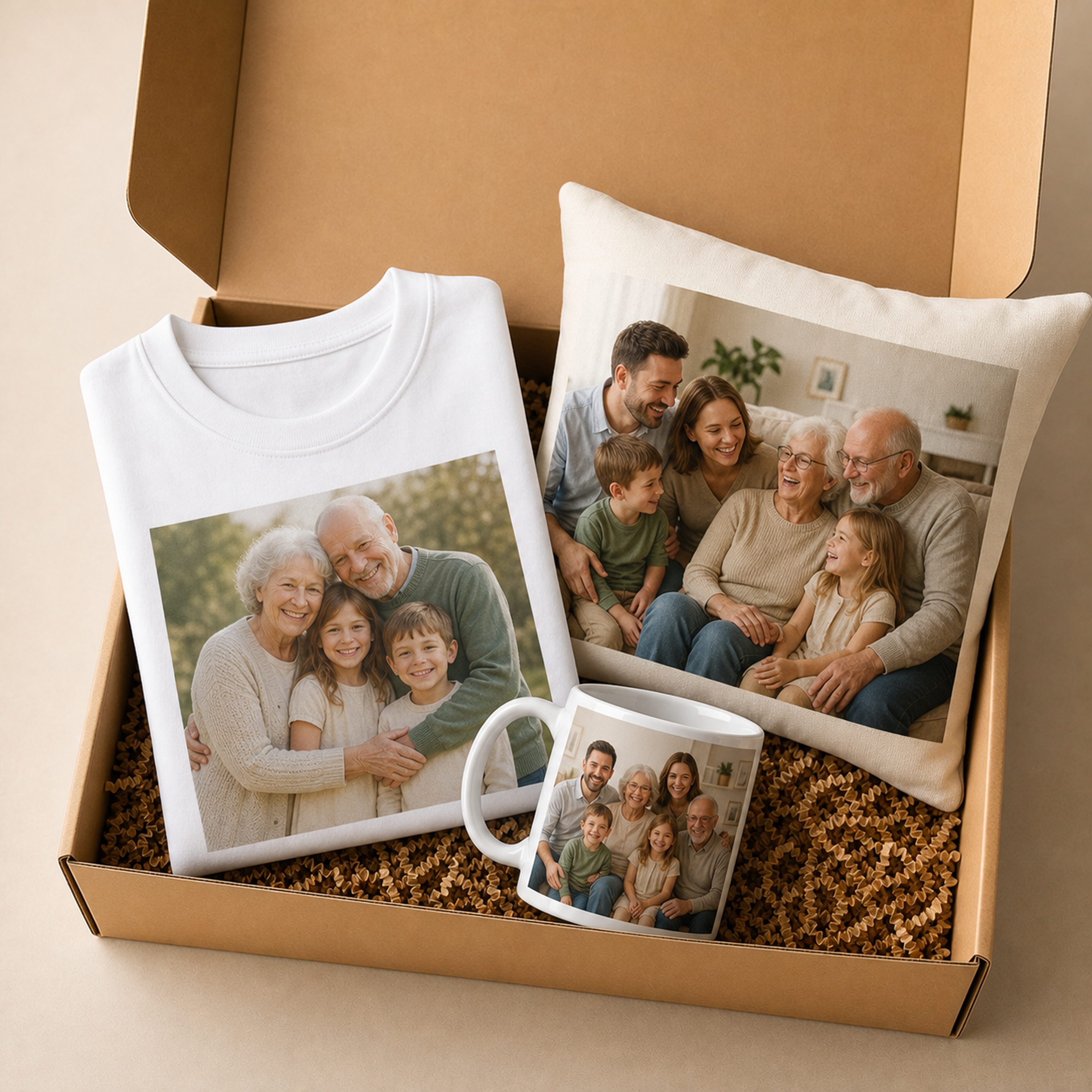 Essential 3-piece personalised gift box with T-shirt mug and cushion in family generations theme