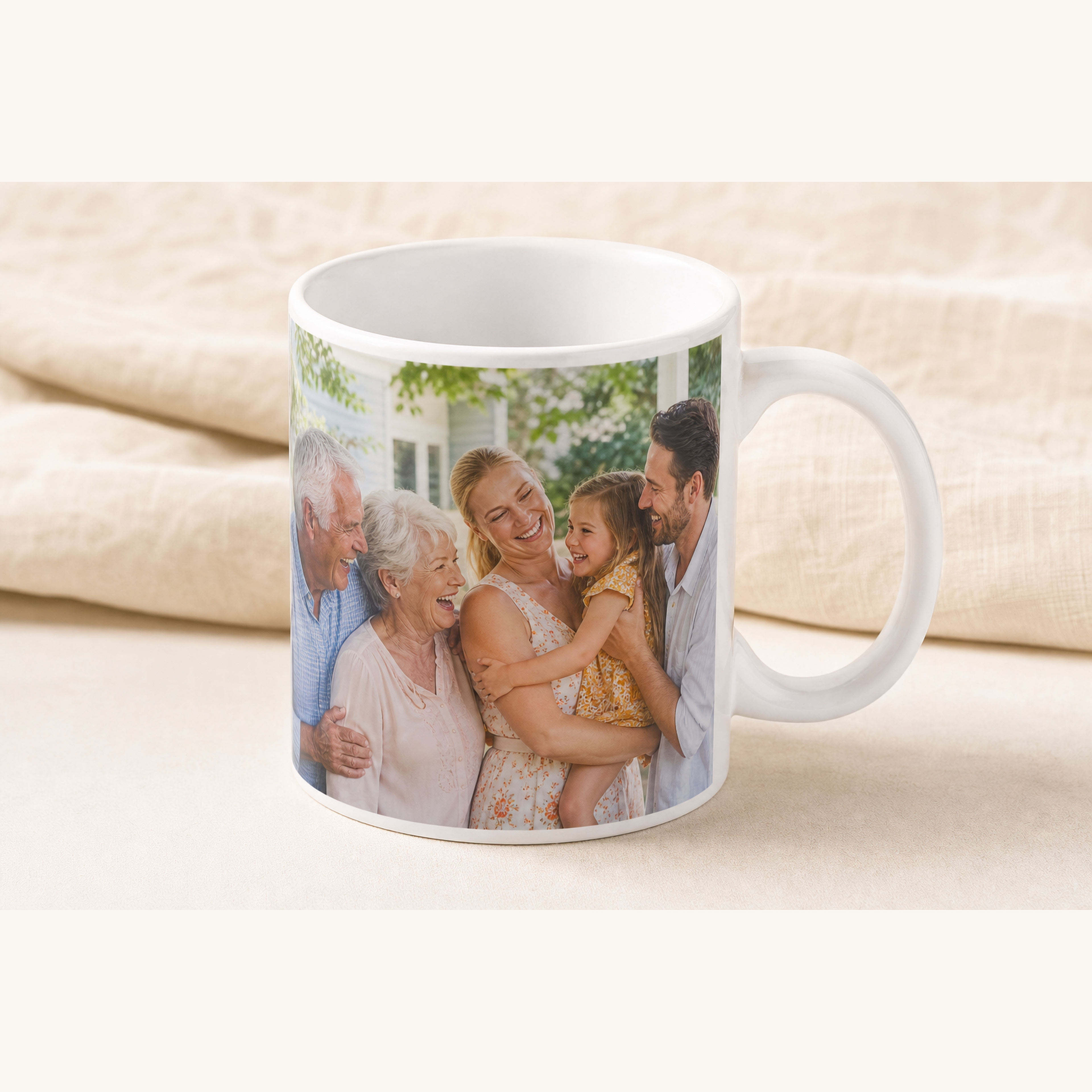 Personalised ceramic mug with family generations photo print