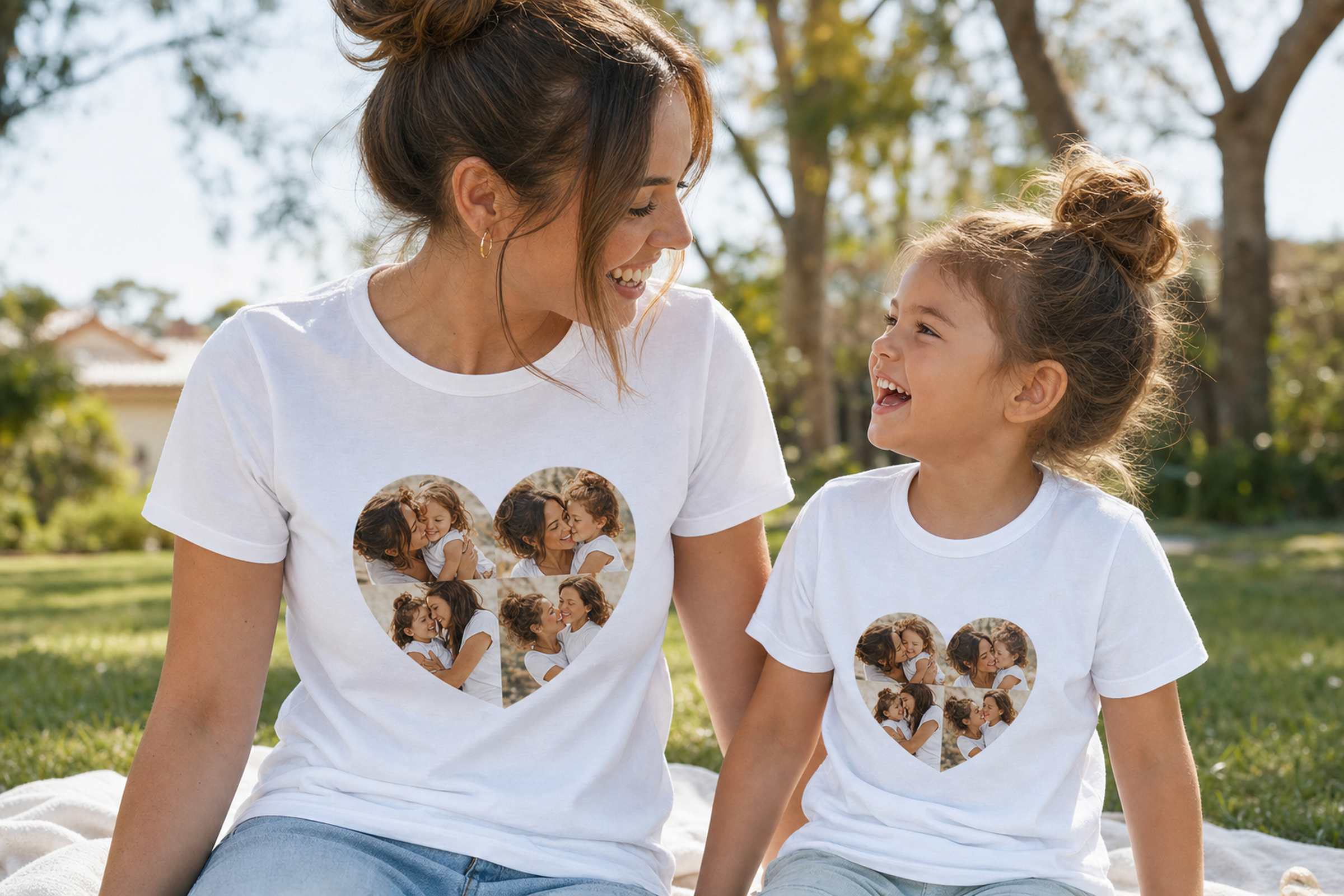 Mum and child wearing personalised matching white T-shirts