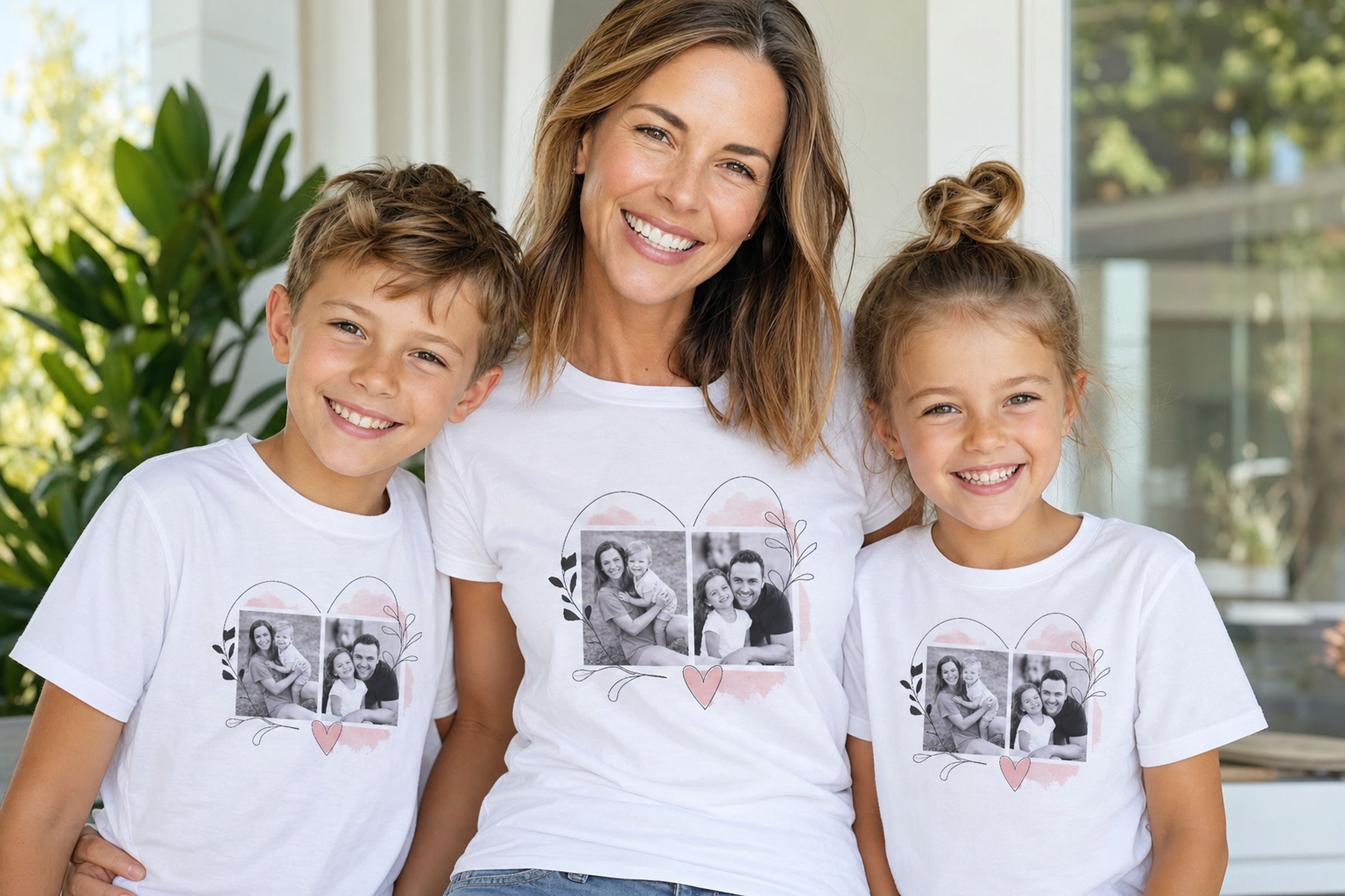 Mum and two kids wearing personalised matching Mum's Squad white T-shirts