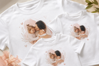 Close-up detail of matching Mum's Squad T-shirt photo collage prints