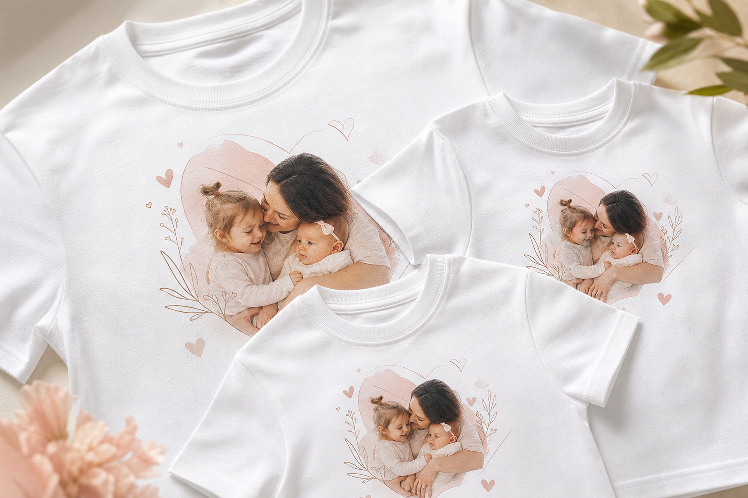 Close-up detail of matching Mum's Squad T-shirt photo collage prints