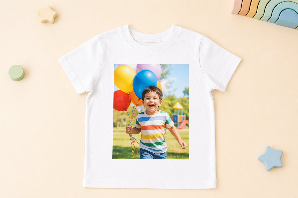 Personalised children's white T-shirt with birthday adventure photo print studio front