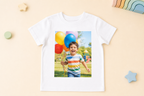Personalised children's white T-shirt with birthday adventure photo print studio front