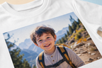 Close-up print detail on personalised children's white T-shirt