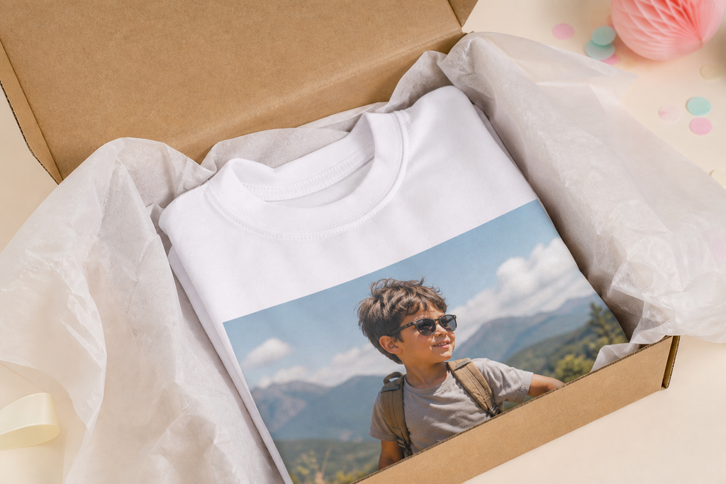 Gift-ready folded personalised children's white T-shirt with photo print