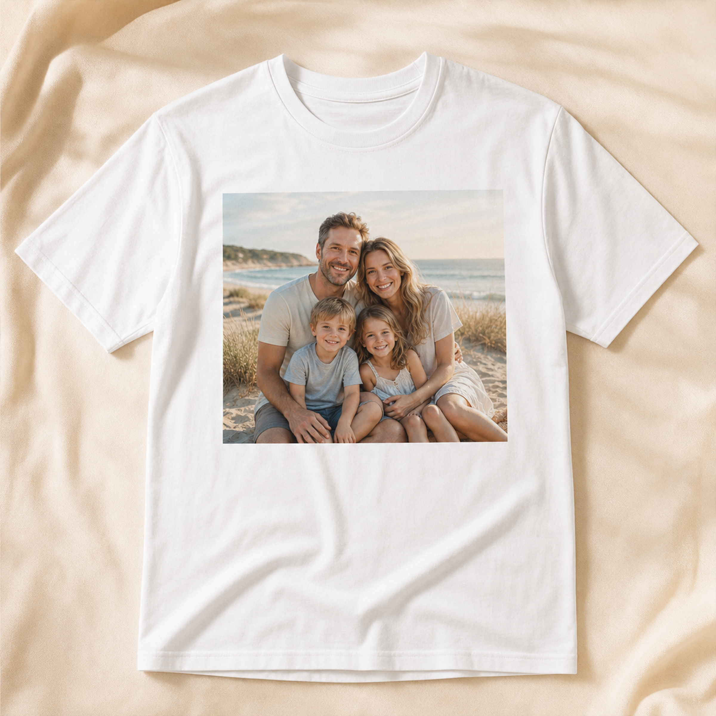 Personalised custom white T-shirt with family photo print studio front