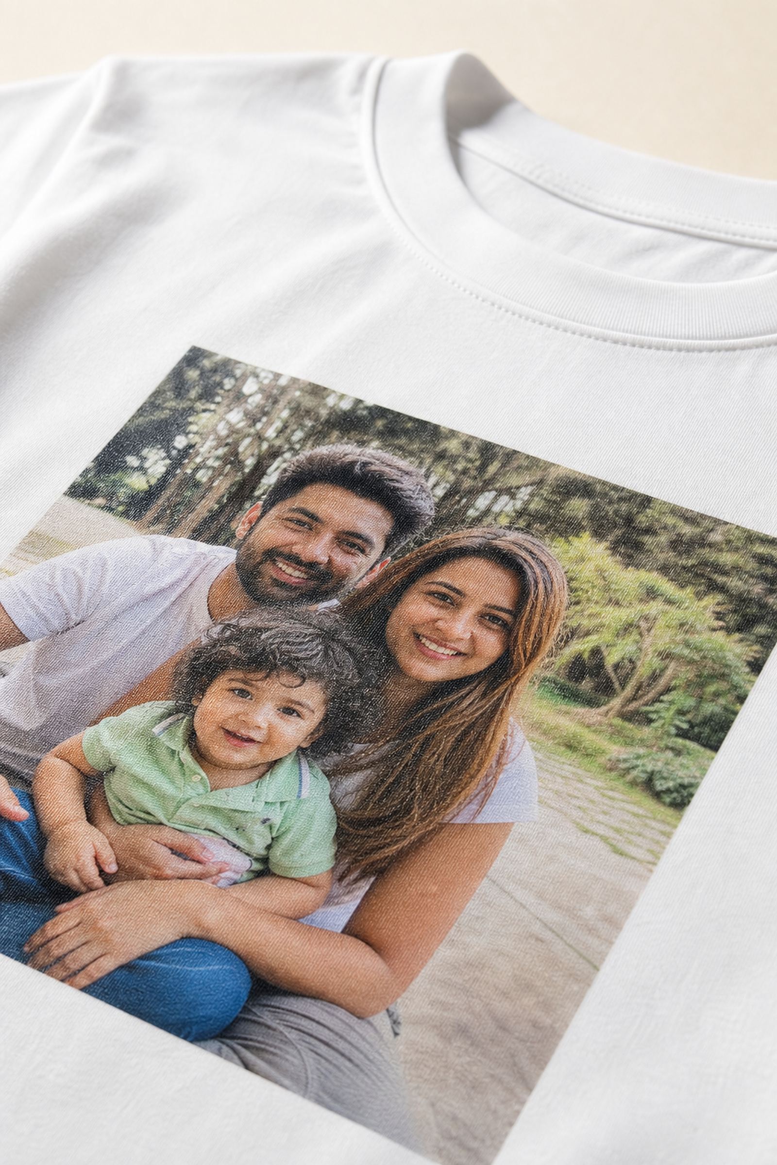 Close-up print detail on personalised custom white T-shirt