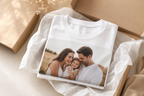 Gift-ready folded personalised custom white T-shirt with photo print