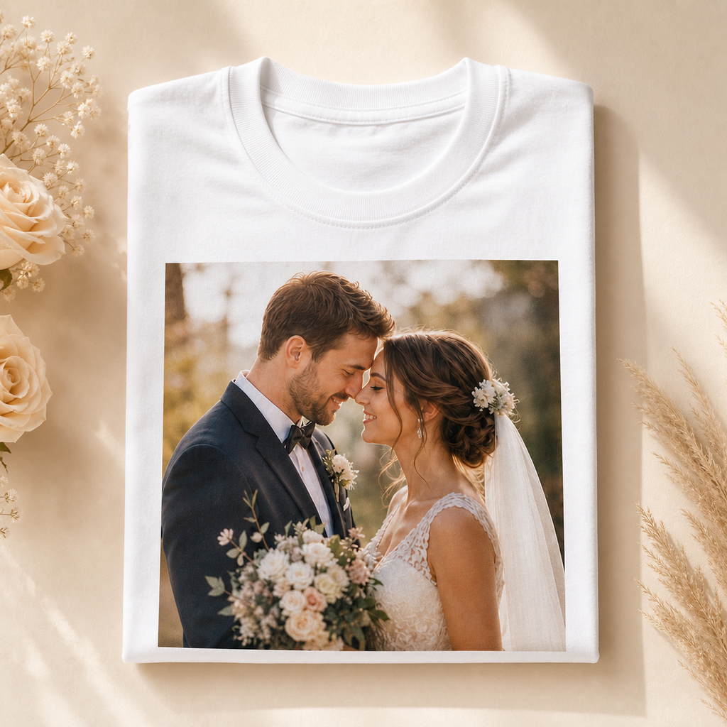 Personalised white T-shirt with anniversary photo print