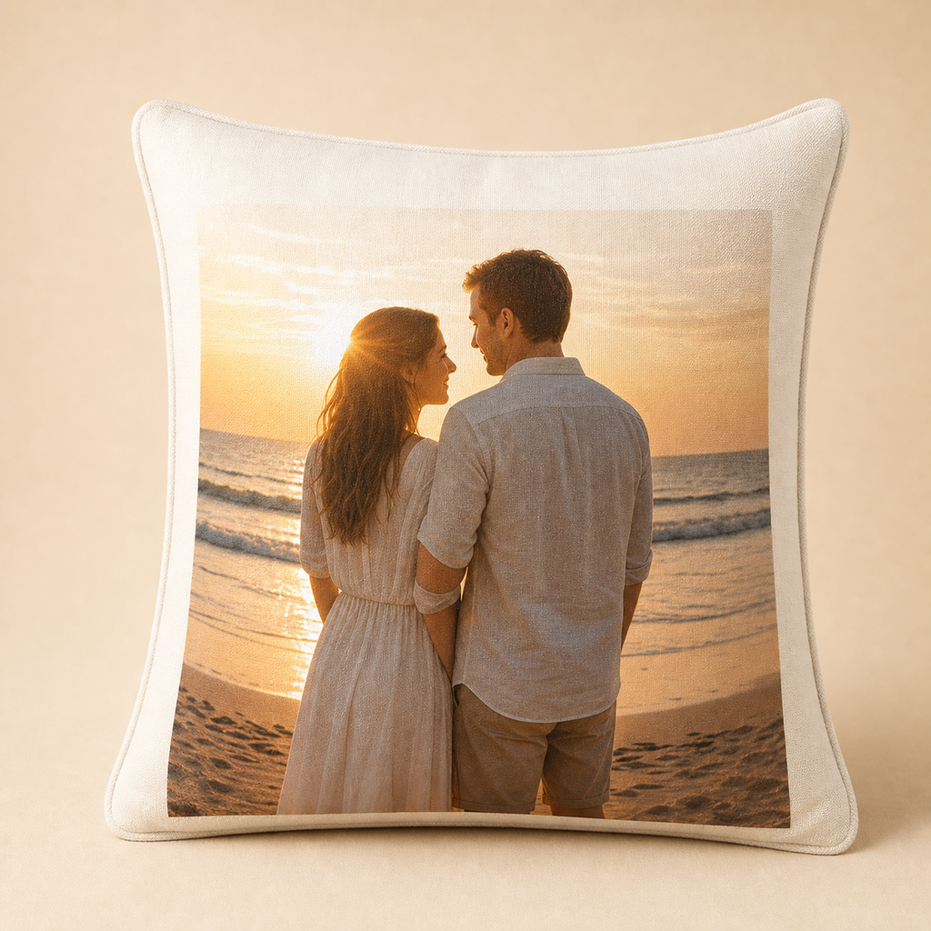 Personalised cushion cover with anniversary photo print