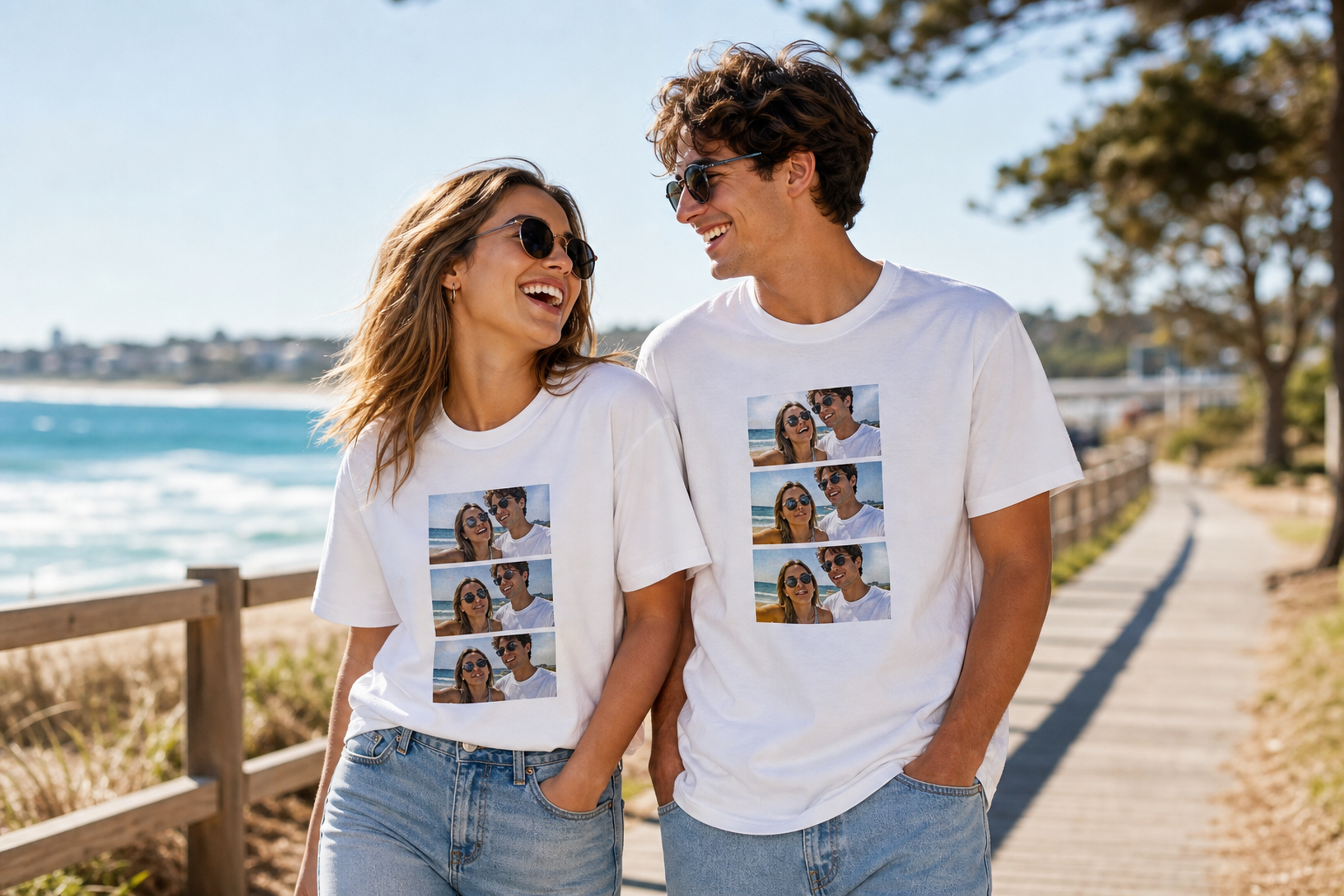 Two people wearing personalised matching Twinning white T-shirts