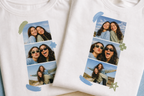 Close-up detail of matching Twinning T-shirt photo strip prints