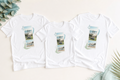 Twinning personalised matching white T-shirts three-pack studio front trio adventure theme