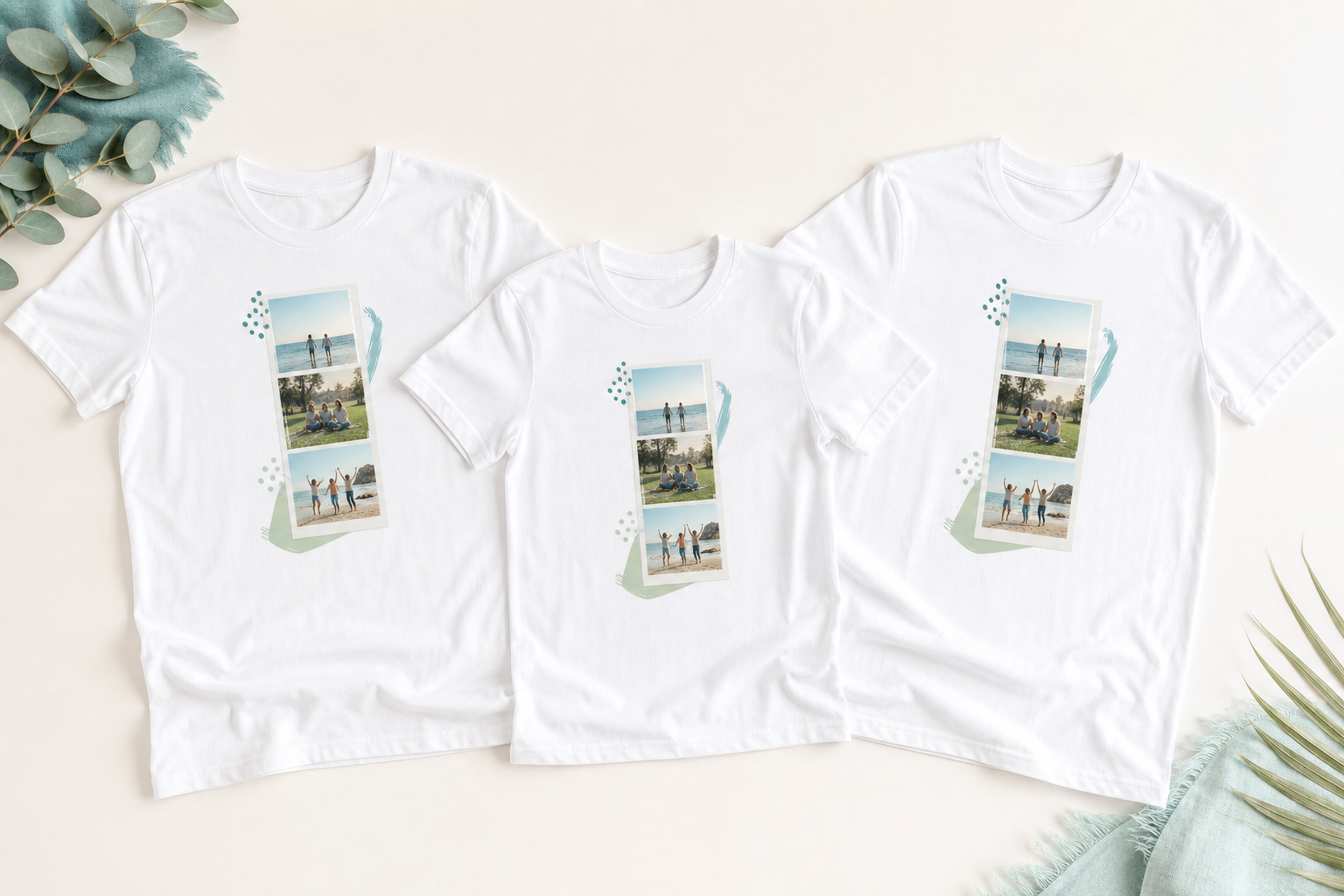 Twinning personalised matching white T-shirts three-pack studio front trio adventure theme