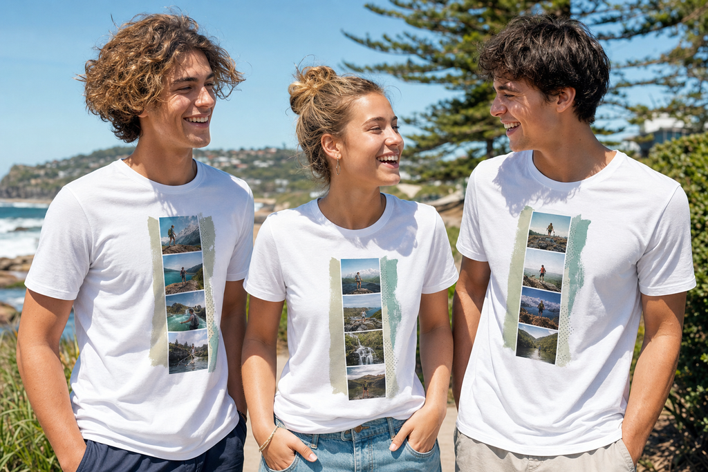 Three people wearing personalised matching Twinning white T-shirts
