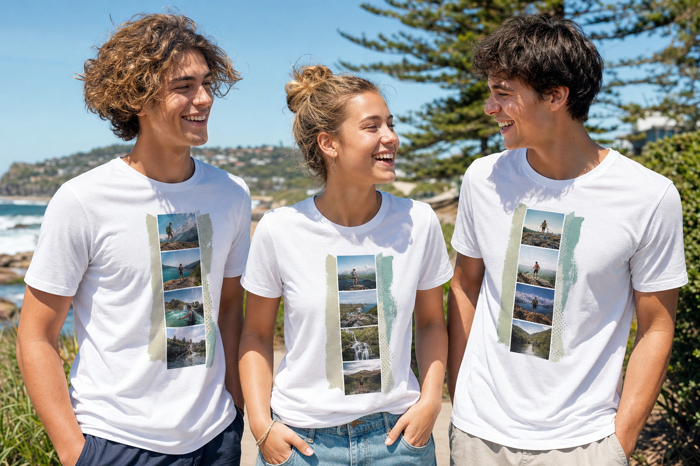 Three people wearing personalised matching Twinning white T-shirts