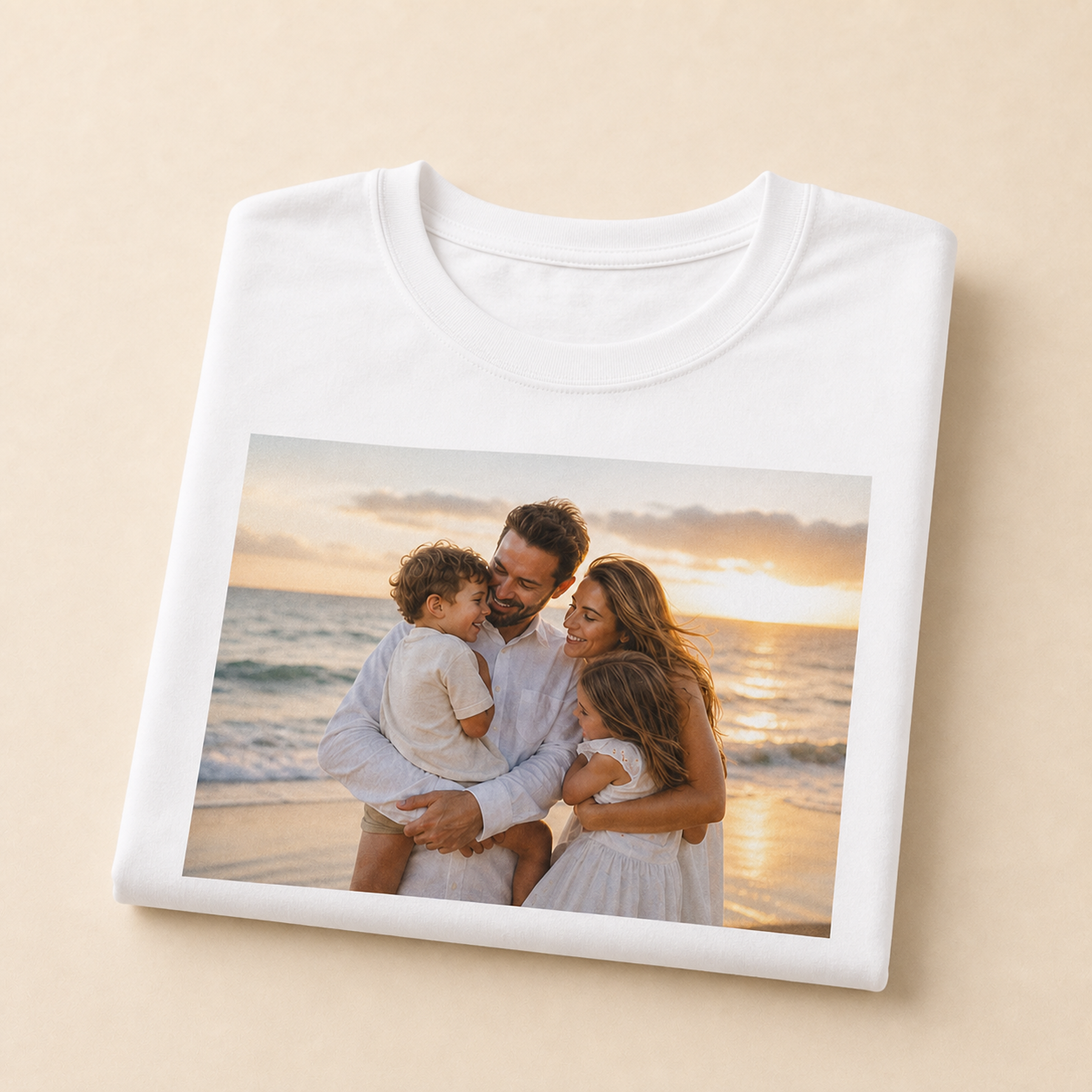 Personalised adult T-shirt with family beach photo print