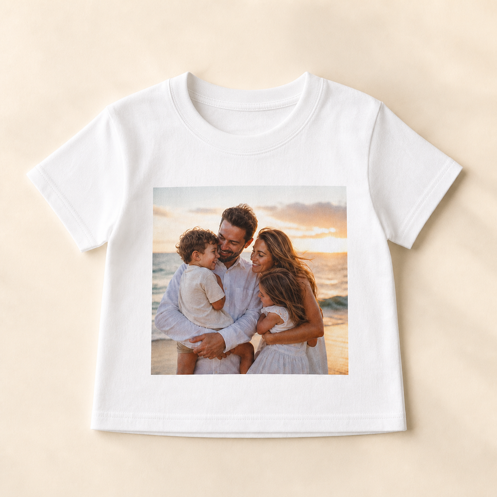 Personalised child T-shirt with family beach photo print