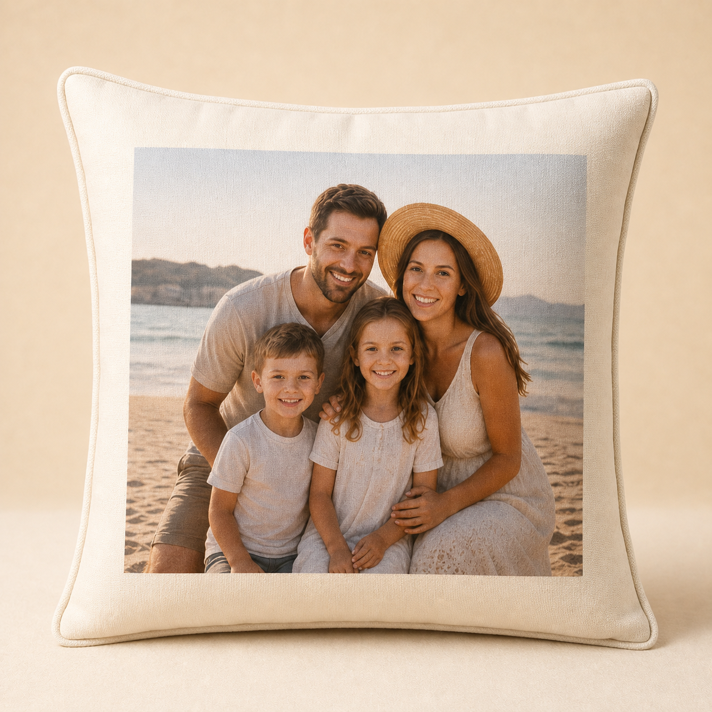 Personalised cushion cover with family beach photo print